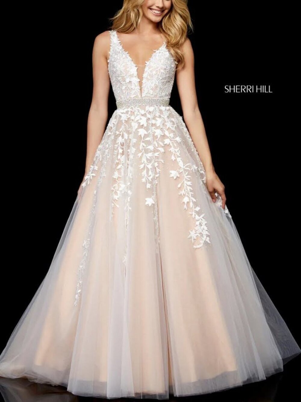 Sherri Hill 11335 Ivory Nude Lace Ball Gown Size 6 Deep V Bridal Formal NWT